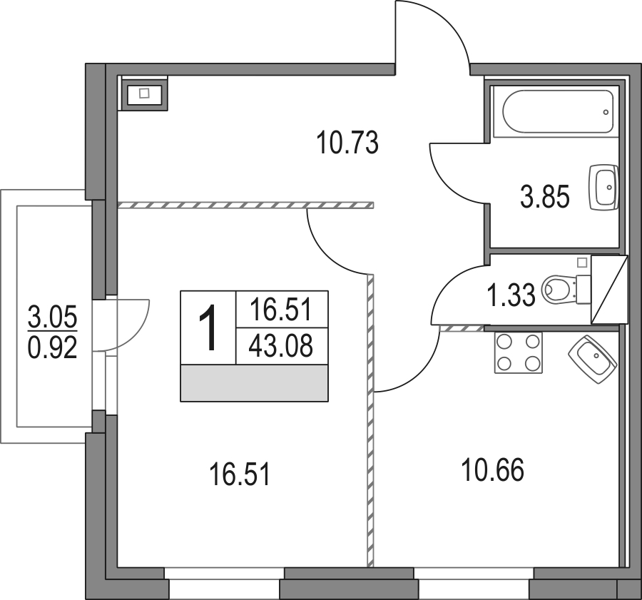 1-комнатная квартира 43.08 м², 2/16 эт., ЖК «Приморский квартал»
